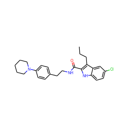 CCCc1c(C(=O)NCCc2ccc(N3CCCCC3)cc2)[nH]c2ccc(Cl)cc12 ZINC000169312075