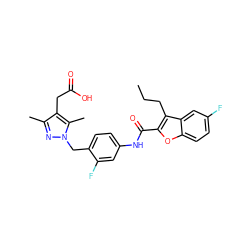 CCCc1c(C(=O)Nc2ccc(Cn3nc(C)c(CC(=O)O)c3C)c(F)c2)oc2ccc(F)cc12 ZINC000169703214