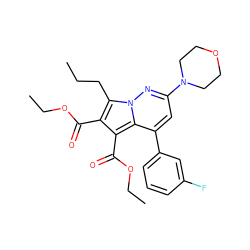 CCCc1c(C(=O)OCC)c(C(=O)OCC)c2c(-c3cccc(F)c3)cc(N3CCOCC3)nn12 ZINC000064548607