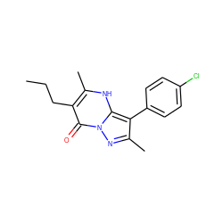 CCCc1c(C)[nH]c2c(-c3ccc(Cl)cc3)c(C)nn2c1=O ZINC000009088399