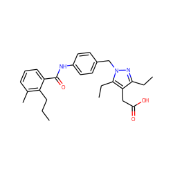 CCCc1c(C)cccc1C(=O)Nc1ccc(Cn2nc(CC)c(CC(=O)O)c2CC)cc1 ZINC000168887901