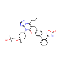 CCCc1c(Cc2ccc(-c3ccccc3-c3noc(=O)[nH]3)cc2)c(=O)n([C@H]2CC[C@@](C)(OCC(C)(C)O)CC2)c2ncnn12 ZINC000115998748