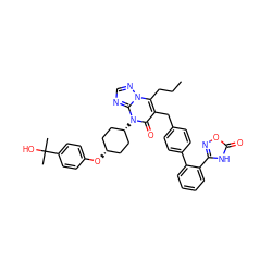 CCCc1c(Cc2ccc(-c3ccccc3-c3noc(=O)[nH]3)cc2)c(=O)n([C@H]2CC[C@@H](Oc3ccc(C(C)(C)O)cc3)CC2)c2ncnn12 ZINC000163890214