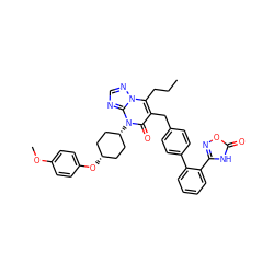 CCCc1c(Cc2ccc(-c3ccccc3-c3noc(=O)[nH]3)cc2)c(=O)n([C@H]2CC[C@@H](Oc3ccc(OC)cc3)CC2)c2ncnn12 ZINC000100638669