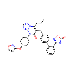 CCCc1c(Cc2ccc(-c3ccccc3-c3noc(=O)[nH]3)cc2)c(=O)n([C@H]2CC[C@@H](Oc3ccon3)CC2)c2ncnn12 ZINC000100638677