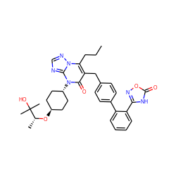 CCCc1c(Cc2ccc(-c3ccccc3-c3noc(=O)[nH]3)cc2)c(=O)n([C@H]2CC[C@H](O[C@H](C)C(C)(C)O)CC2)c2ncnn12 ZINC000261162732