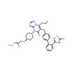 CCCc1c(Cc2ccc(-c3ccccc3-c3noc(=O)[nH]3)cc2)c(=O)n([C@H]2CC[C@H](OC/C(C)=N/OC)CC2)c2ncnn12 ZINC000261120531