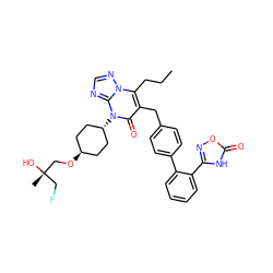 CCCc1c(Cc2ccc(-c3ccccc3-c3noc(=O)[nH]3)cc2)c(=O)n([C@H]2CC[C@H](OC[C@@](C)(O)CF)CC2)c2ncnn12 ZINC000261095997