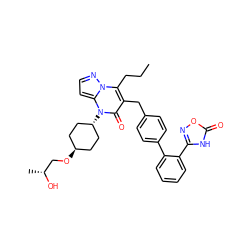 CCCc1c(Cc2ccc(-c3ccccc3-c3noc(=O)[nH]3)cc2)c(=O)n([C@H]2CC[C@H](OC[C@@H](C)O)CC2)c2ccnn12 ZINC000261105654