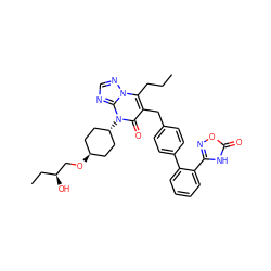 CCCc1c(Cc2ccc(-c3ccccc3-c3noc(=O)[nH]3)cc2)c(=O)n([C@H]2CC[C@H](OC[C@@H](O)CC)CC2)c2ncnn12 ZINC000261101058