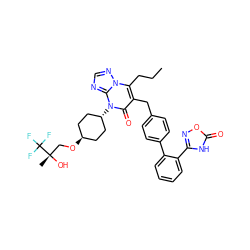 CCCc1c(Cc2ccc(-c3ccccc3-c3noc(=O)[nH]3)cc2)c(=O)n([C@H]2CC[C@H](OC[C@](C)(O)C(F)(F)F)CC2)c2ncnn12 ZINC000261171666