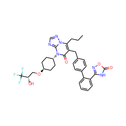 CCCc1c(Cc2ccc(-c3ccccc3-c3noc(=O)[nH]3)cc2)c(=O)n([C@H]2CC[C@H](OC[C@H](O)C(F)(F)F)CC2)c2ncnn12 ZINC000261100473