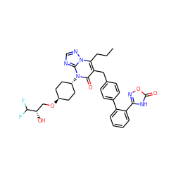 CCCc1c(Cc2ccc(-c3ccccc3-c3noc(=O)[nH]3)cc2)c(=O)n([C@H]2CC[C@H](OC[C@H](O)C(F)F)CC2)c2ncnn12 ZINC000261121909