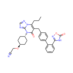 CCCc1c(Cc2ccc(-c3ccccc3-c3noc(=O)[nH]3)cc2)c(=O)n([C@H]2CC[C@H](OCC#N)CC2)c2ncnn12 ZINC000261155855