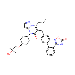 CCCc1c(Cc2ccc(-c3ccccc3-c3noc(=O)[nH]3)cc2)c(=O)n([C@H]2CC[C@H](OCC(C)(C)O)CC2)c2ccnn12 ZINC000261142120