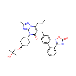 CCCc1c(Cc2ccc(-c3ccccc3-c3noc(=O)[nH]3)cc2)c(=O)n([C@H]2CC[C@H](OCC(C)(C)O)CC2)c2nc(C)nn12 ZINC000261184719