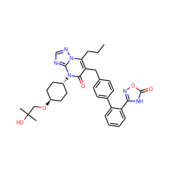 CCCc1c(Cc2ccc(-c3ccccc3-c3noc(=O)[nH]3)cc2)c(=O)n([C@H]2CC[C@H](OCC(C)(C)O)CC2)c2ncnn12 ZINC000100638751