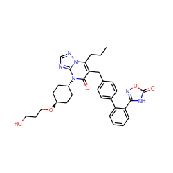 CCCc1c(Cc2ccc(-c3ccccc3-c3noc(=O)[nH]3)cc2)c(=O)n([C@H]2CC[C@H](OCCCO)CC2)c2ncnn12 ZINC000261190139