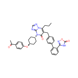 CCCc1c(Cc2ccc(-c3ccccc3-c3noc(=O)[nH]3)cc2)c(=O)n([C@H]2CC[C@H](Oc3ccc(C(C)=O)cc3)CC2)c2ncnn12 ZINC000150533208