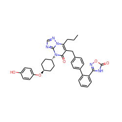 CCCc1c(Cc2ccc(-c3ccccc3-c3noc(=O)[nH]3)cc2)c(=O)n([C@H]2CC[C@H](Oc3ccc(O)cc3)CC2)c2ncnn12 ZINC000100638670