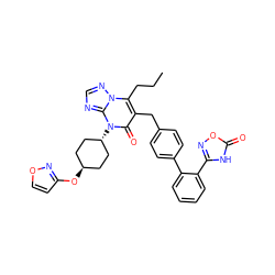 CCCc1c(Cc2ccc(-c3ccccc3-c3noc(=O)[nH]3)cc2)c(=O)n([C@H]2CC[C@H](Oc3ccon3)CC2)c2ncnn12 ZINC000100638679