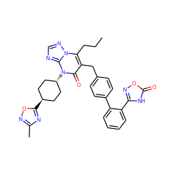 CCCc1c(Cc2ccc(-c3ccccc3-c3noc(=O)[nH]3)cc2)c(=O)n([C@H]2CC[C@H](c3nc(C)no3)CC2)c2ncnn12 ZINC000261119128