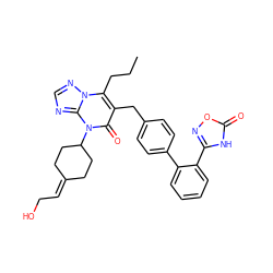 CCCc1c(Cc2ccc(-c3ccccc3-c3noc(=O)[nH]3)cc2)c(=O)n(C2CCC(=CCO)CC2)c2ncnn12 ZINC000096178291