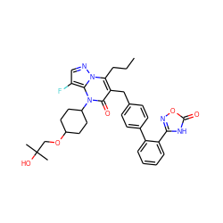 CCCc1c(Cc2ccc(-c3ccccc3-c3noc(=O)[nH]3)cc2)c(=O)n(C2CCC(OCC(C)(C)O)CC2)c2c(F)cnn12 ZINC000096178389