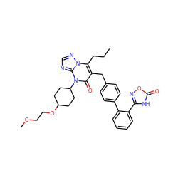 CCCc1c(Cc2ccc(-c3ccccc3-c3noc(=O)[nH]3)cc2)c(=O)n(C2CCC(OCCOC)CC2)c2ncnn12 ZINC000115999898