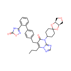 CCCc1c(Cc2ccc(-c3ccccc3-c3noc(=O)[nH]3)cc2)c(=O)n(C2CCC3(CC2)O[C@H]2COC[C@H]2O3)c2ncnn12 ZINC000096178325