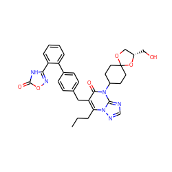 CCCc1c(Cc2ccc(-c3ccccc3-c3noc(=O)[nH]3)cc2)c(=O)n(C2CCC3(CC2)OC[C@H](CO)O3)c2ncnn12 ZINC000096178326