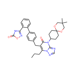 CCCc1c(Cc2ccc(-c3ccccc3-c3noc(=O)[nH]3)cc2)c(=O)n(C2CCC3(CC2)OCC(C)(C)CO3)c2ncnn12 ZINC000096178279