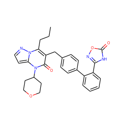 CCCc1c(Cc2ccc(-c3ccccc3-c3noc(=O)[nH]3)cc2)c(=O)n(C2CCOCC2)c2ccnn12 ZINC000096178313