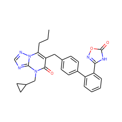 CCCc1c(Cc2ccc(-c3ccccc3-c3noc(=O)[nH]3)cc2)c(=O)n(CC2CC2)c2ncnn12 ZINC000096178223