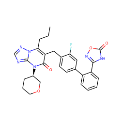 CCCc1c(Cc2ccc(-c3ccccc3-c3noc(=O)[nH]3)cc2F)c(=O)n([C@@H]2CCCOC2)c2ncnn12 ZINC000096178245