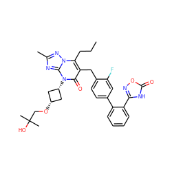 CCCc1c(Cc2ccc(-c3ccccc3-c3noc(=O)[nH]3)cc2F)c(=O)n([C@H]2C[C@@H](OCC(C)(C)O)C2)c2nc(C)nn12 ZINC000100638760