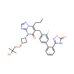 CCCc1c(Cc2ccc(-c3ccccc3-c3noc(=O)[nH]3)cc2F)c(=O)n([C@H]2C[C@@H](OCC(C)(C)O)C2)c2ncnn12 ZINC000115995007