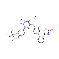 CCCc1c(Cc2ccc(-c3ccccc3-c3noc(=O)[nH]3)cc2F)c(=O)n([C@H]2CC[C@H](O[C@H](C)C(O)(CF)CF)CC2)c2ncnn12 ZINC000261164400