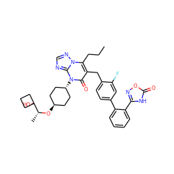 CCCc1c(Cc2ccc(-c3ccccc3-c3noc(=O)[nH]3)cc2F)c(=O)n([C@H]2CC[C@H](O[C@H](C)C3(O)CCC3)CC2)c2ncnn12 ZINC000261136792