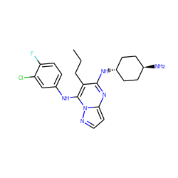 CCCc1c(N[C@H]2CC[C@H](N)CC2)nc2ccnn2c1Nc1ccc(F)c(Cl)c1 ZINC000254094428