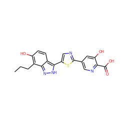 CCCc1c(O)ccc2c(-c3cnc(-c4cnc(C(=O)O)c(O)c4)s3)[nH]nc12 ZINC000263621320