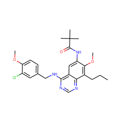 CCCc1c(OC)c(NC(=O)C(C)(C)C)cc2c(NCc3ccc(OC)c(Cl)c3)ncnc12 ZINC000040394687