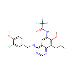 CCCc1c(OC)c(NC(=O)C(F)(F)F)cc2c(NCc3ccc(OC)c(Cl)c3)ncnc12 ZINC000040896828