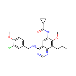 CCCc1c(OC)c(NC(=O)C2CC2)cc2c(NCc3ccc(OC)c(Cl)c3)ncnc12 ZINC000040896853