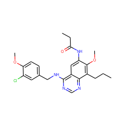 CCCc1c(OC)c(NC(=O)CC)cc2c(NCc3ccc(OC)c(Cl)c3)ncnc12 ZINC000040891560