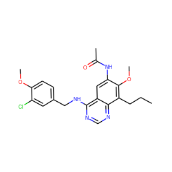 CCCc1c(OC)c(NC(C)=O)cc2c(NCc3ccc(OC)c(Cl)c3)ncnc12 ZINC000040897286