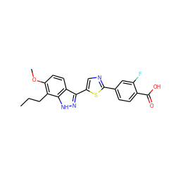 CCCc1c(OC)ccc2c(-c3cnc(-c4ccc(C(=O)O)c(F)c4)s3)n[nH]c12 ZINC000653787506