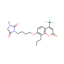 CCCc1c(OCCCCN2C(=O)CN(C)C2=O)ccc2c(C(F)(F)F)cc(=O)oc12 ZINC000116616559