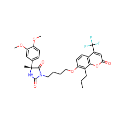 CCCc1c(OCCCCN2C(=O)N[C@](C)(c3ccc(OC)c(OC)c3)C2=O)ccc2c(C(F)(F)F)cc(=O)oc12 ZINC000116616076