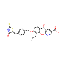 CCCc1c(OCc2ccc(/C=C3\SC(=S)NC3=O)cc2)ccc(C(=O)c2cncc(C(=O)O)c2)c1O ZINC000026280147